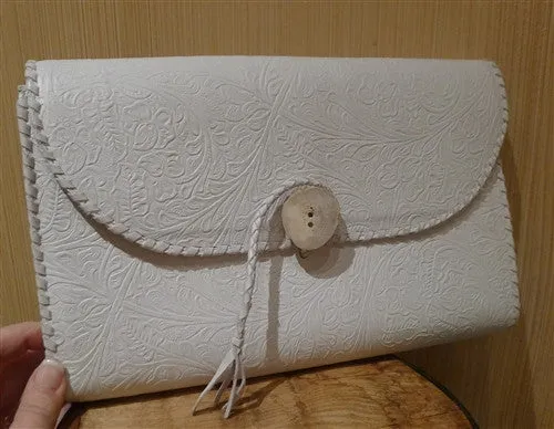 Rhonda Ochs Hand-Tooled Clutch Handbag in White