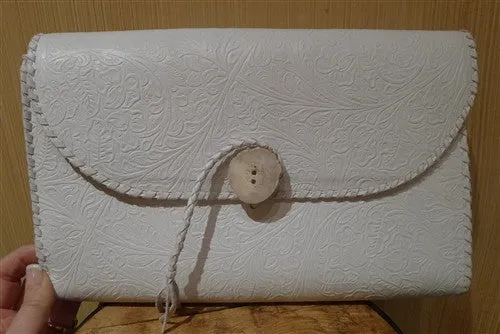 Rhonda Ochs Hand-Tooled Clutch Handbag in White