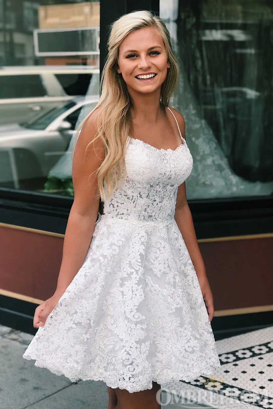 Roycebridal Spaghetti Straps Backless Lace Short Prom Dresses Homecoming Dresses