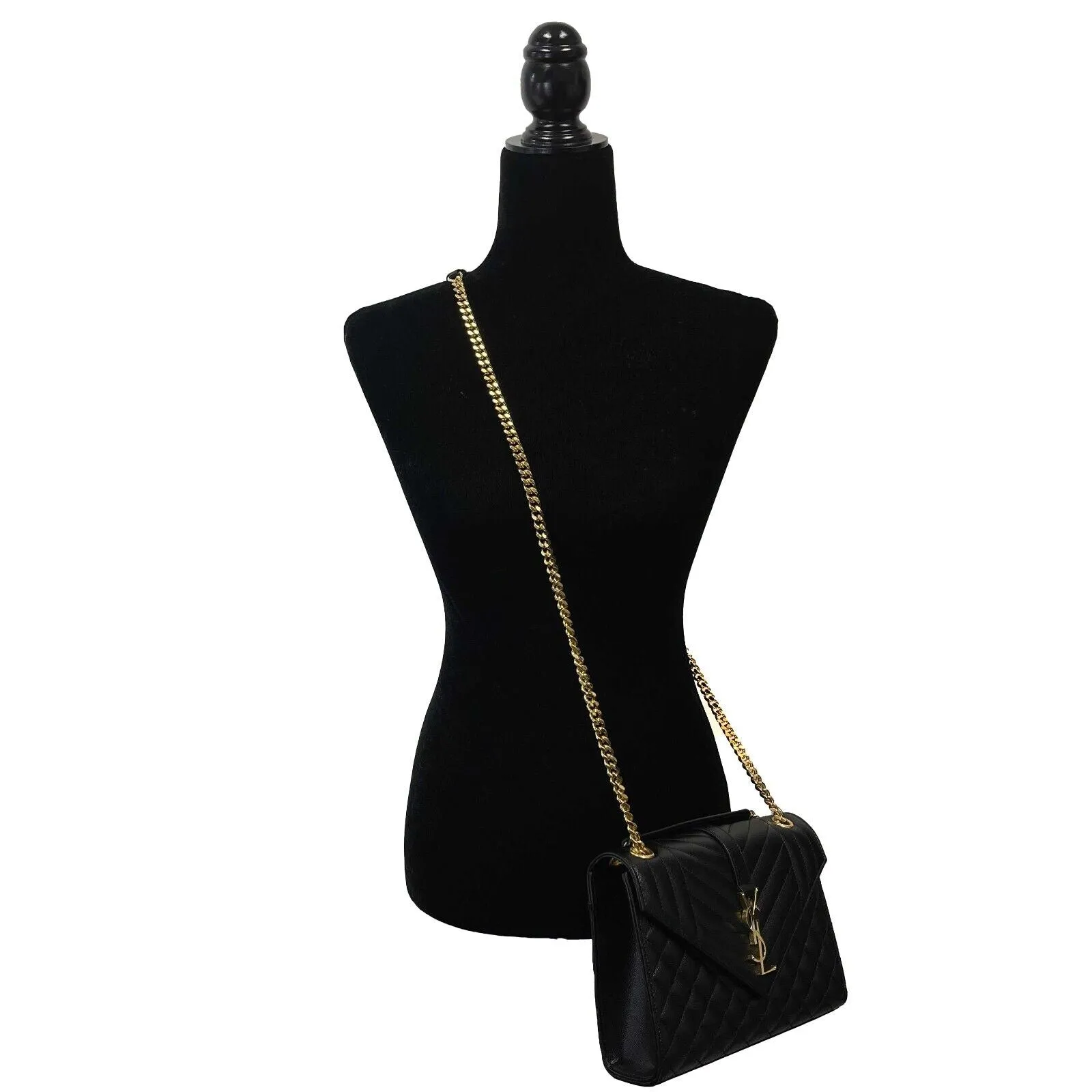 Saint Laurent Black Medium Triquilt Envelope Chain Grain de Poudre Shoulder Bag