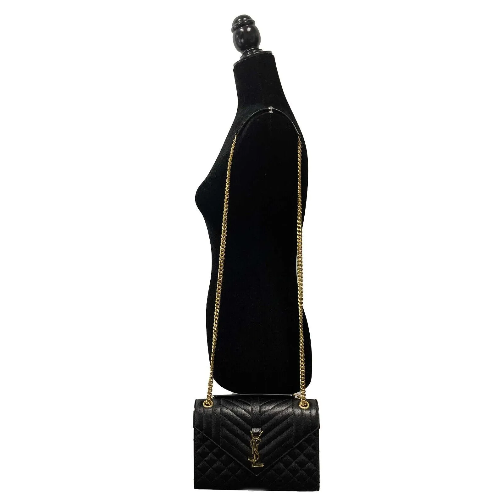Saint Laurent Black Medium Triquilt Envelope Chain Grain de Poudre Shoulder Bag