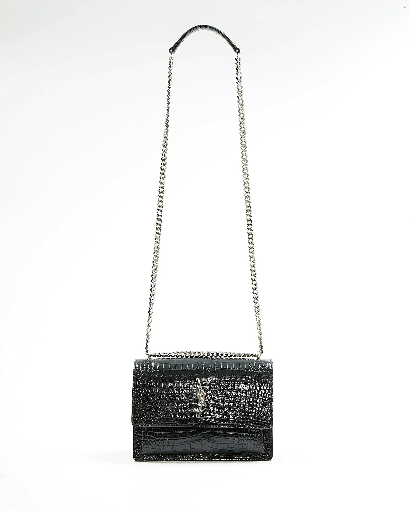 Saint Laurent Croc Embossed Sunset Medium Chain Shoulder Bag