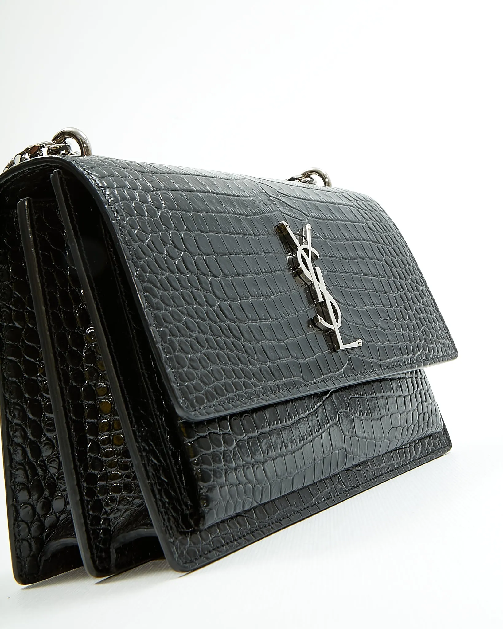 Saint Laurent Croc Embossed Sunset Medium Chain Shoulder Bag