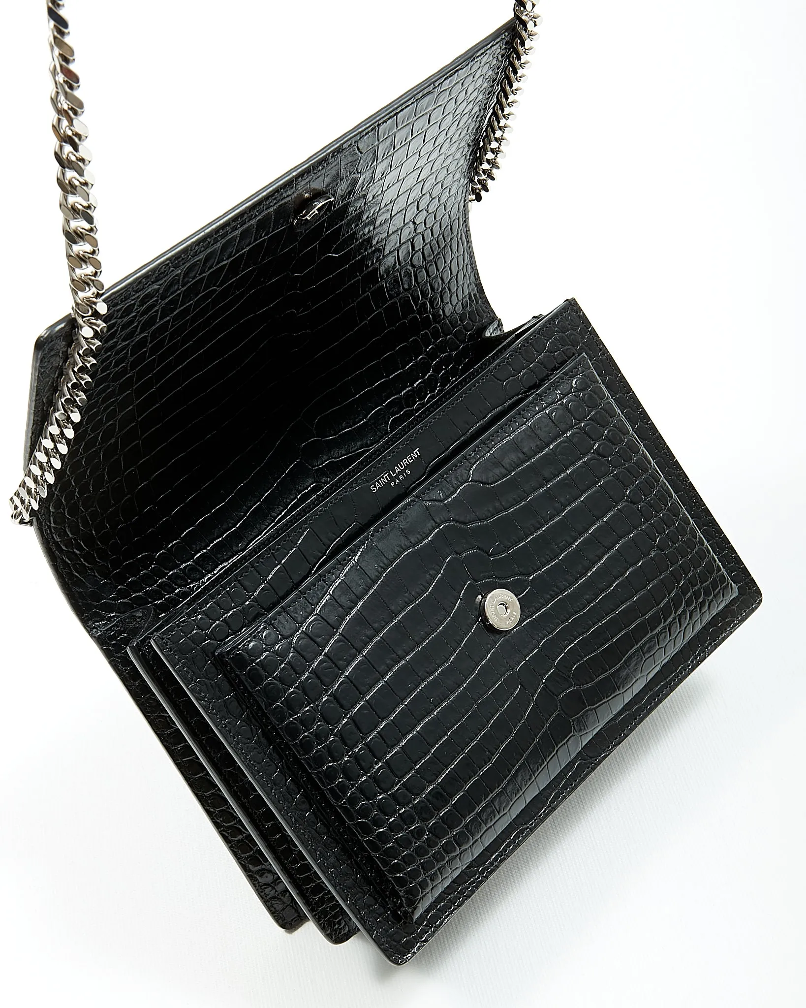 Saint Laurent Croc Embossed Sunset Medium Chain Shoulder Bag