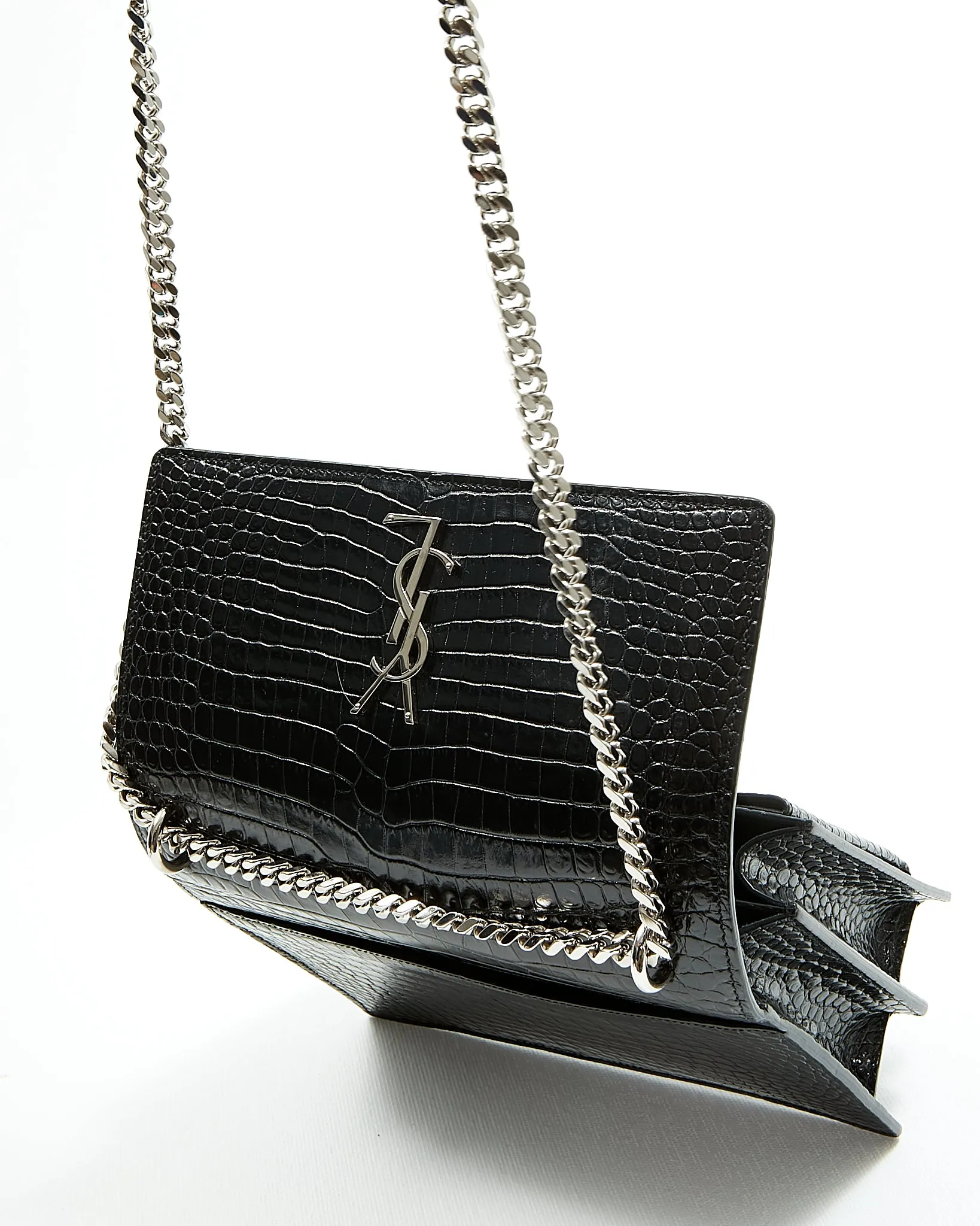 Saint Laurent Croc Embossed Sunset Medium Chain Shoulder Bag