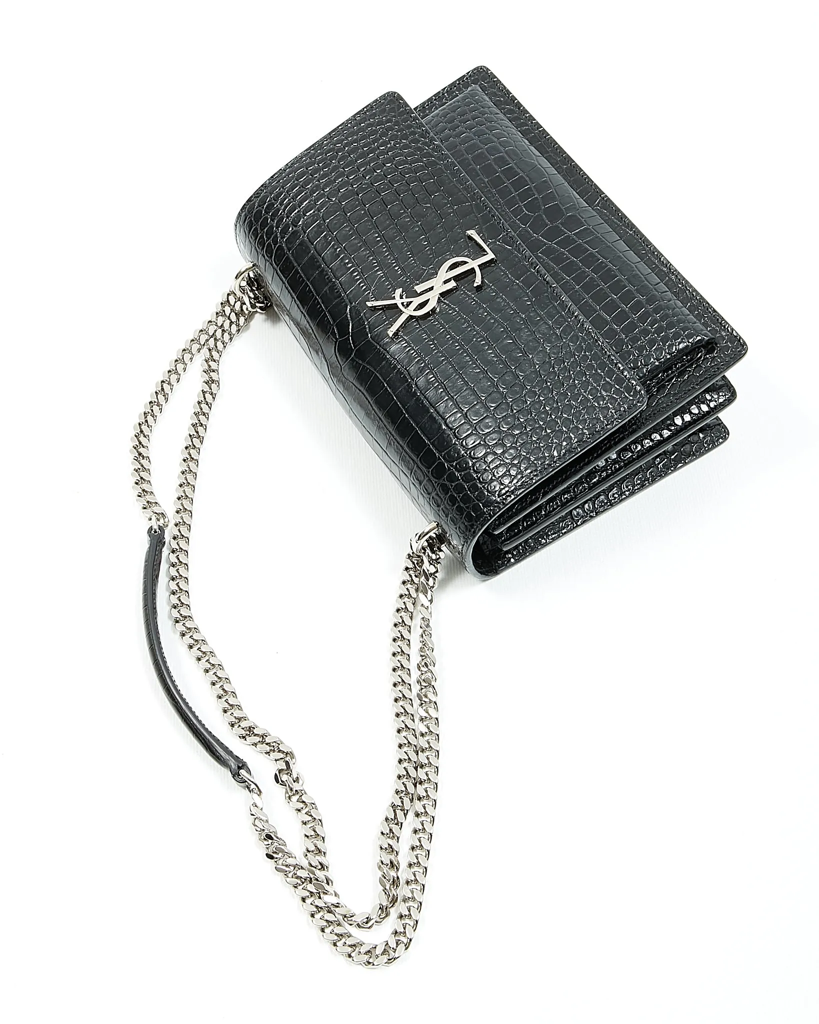 Saint Laurent Croc Embossed Sunset Medium Chain Shoulder Bag