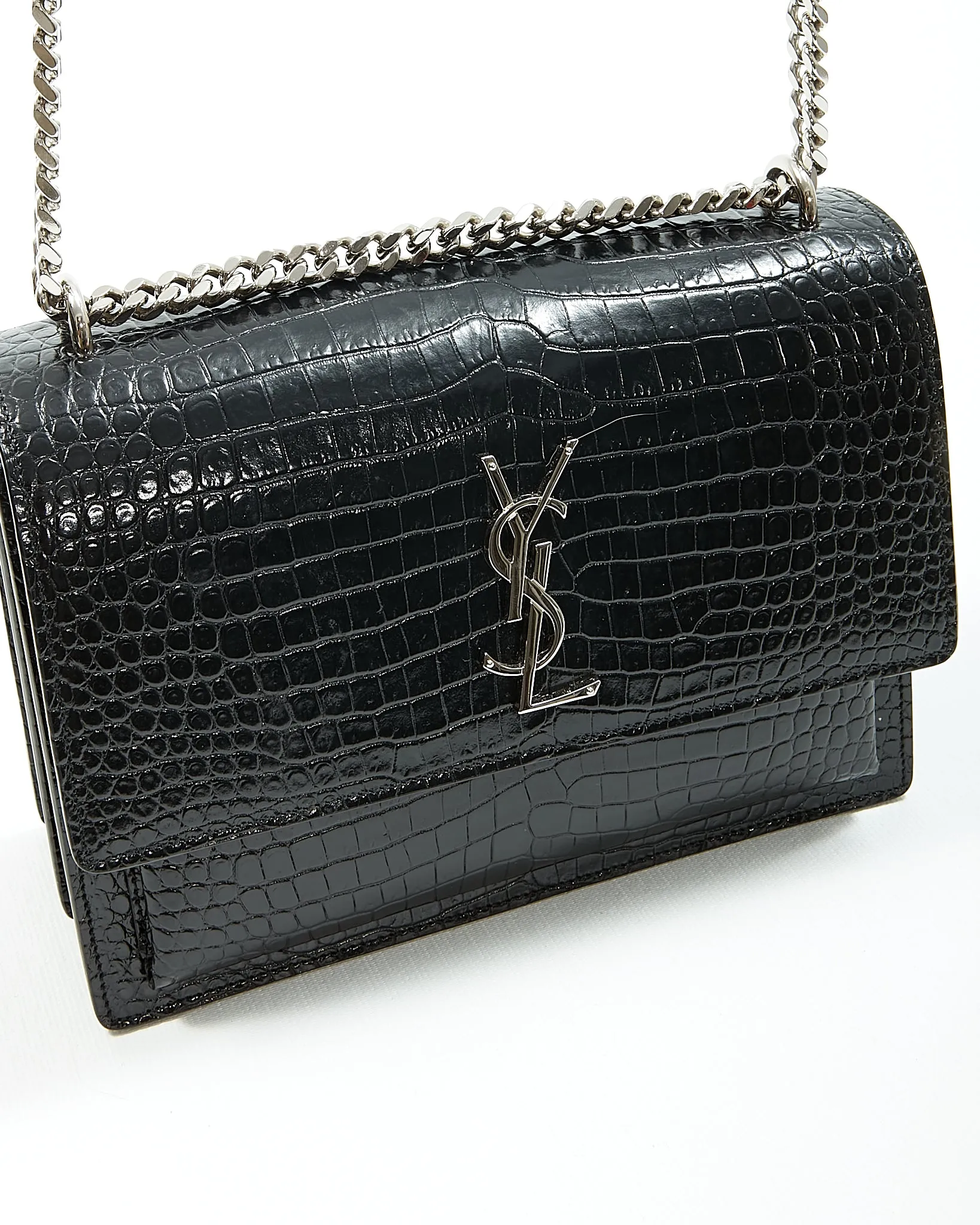 Saint Laurent Croc Embossed Sunset Medium Chain Shoulder Bag