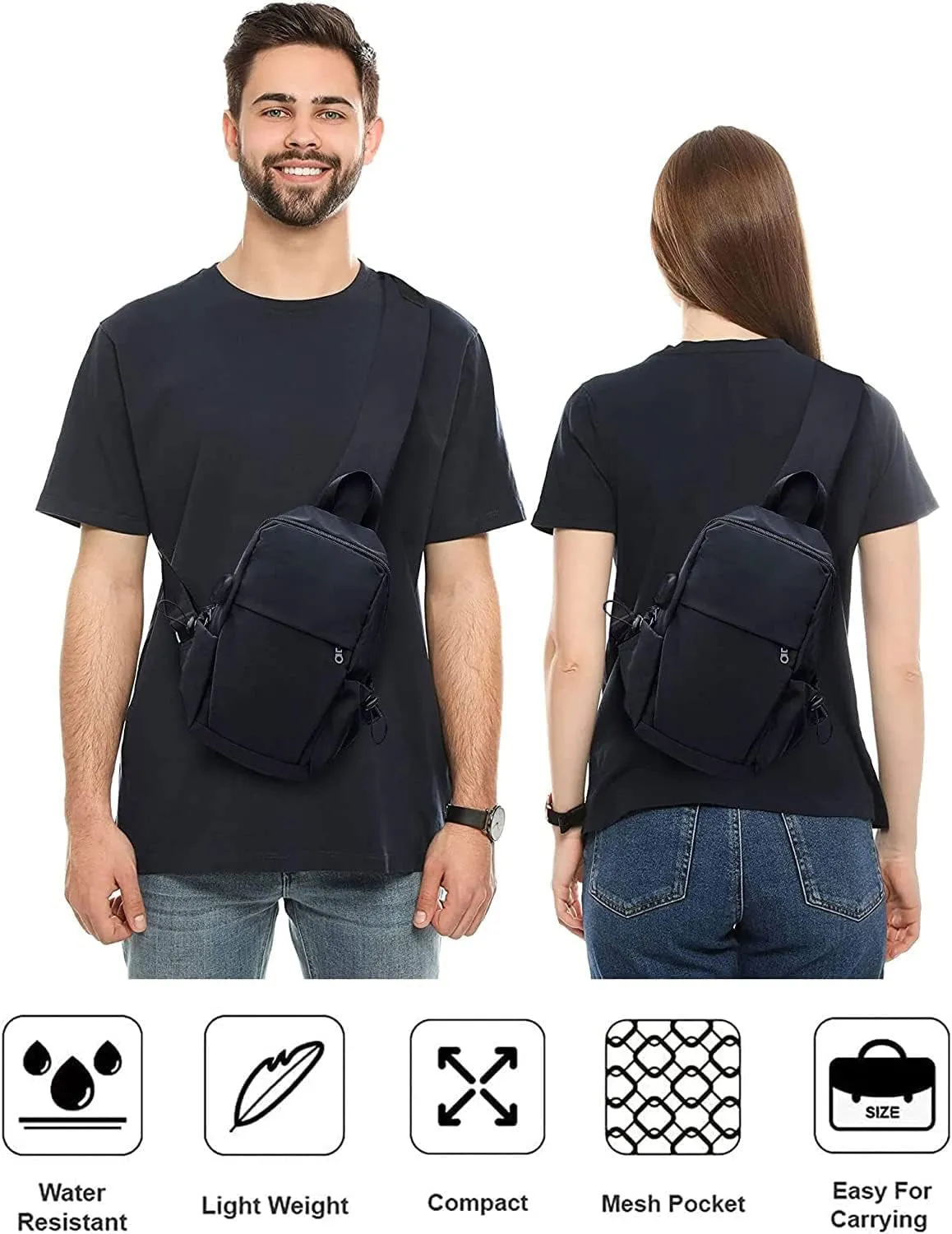 Small Black Sling Crossbody Backpack Shoulder Bag for Men Women, Lightweight One Strap Sling Bag Backpack for Hiking Walking Biking Travel Cycling USB Charger Port-Nylon