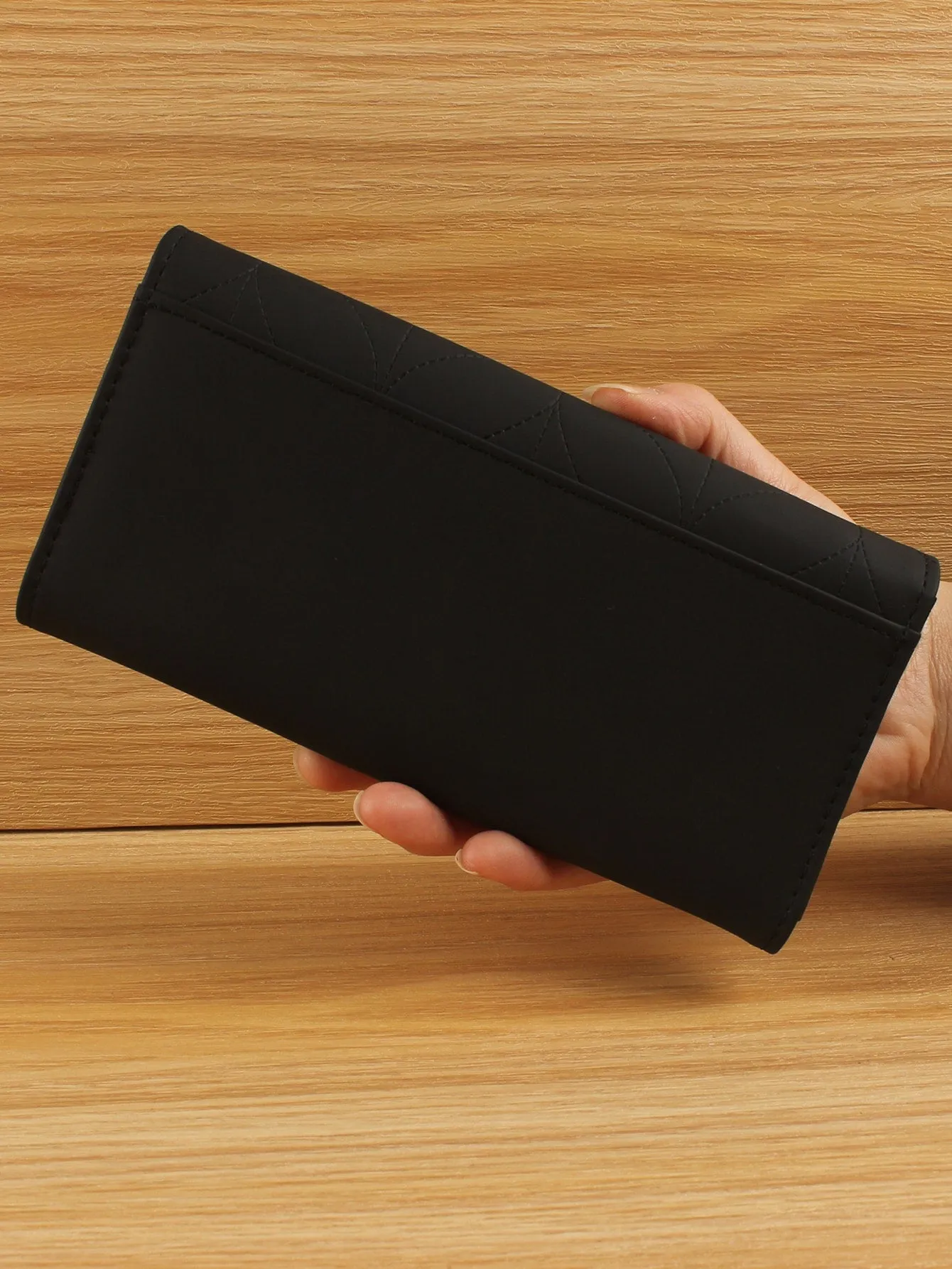 Stitch Detail Long Wallet Flower Decor PU For Daily Life - Black