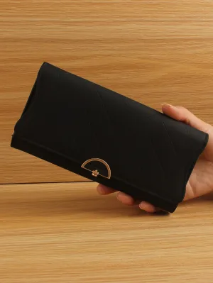 Stitch Detail Long Wallet Flower Decor PU For Daily Life - Black