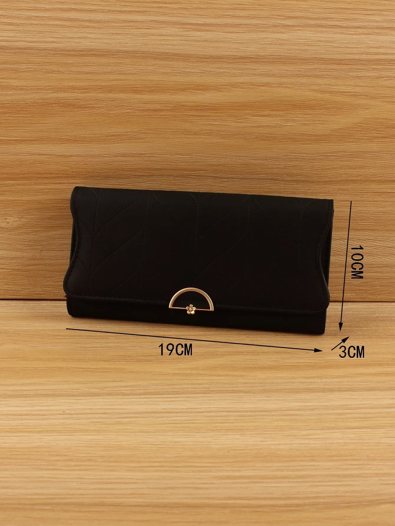 Stitch Detail Long Wallet Flower Decor PU For Daily Life - Black