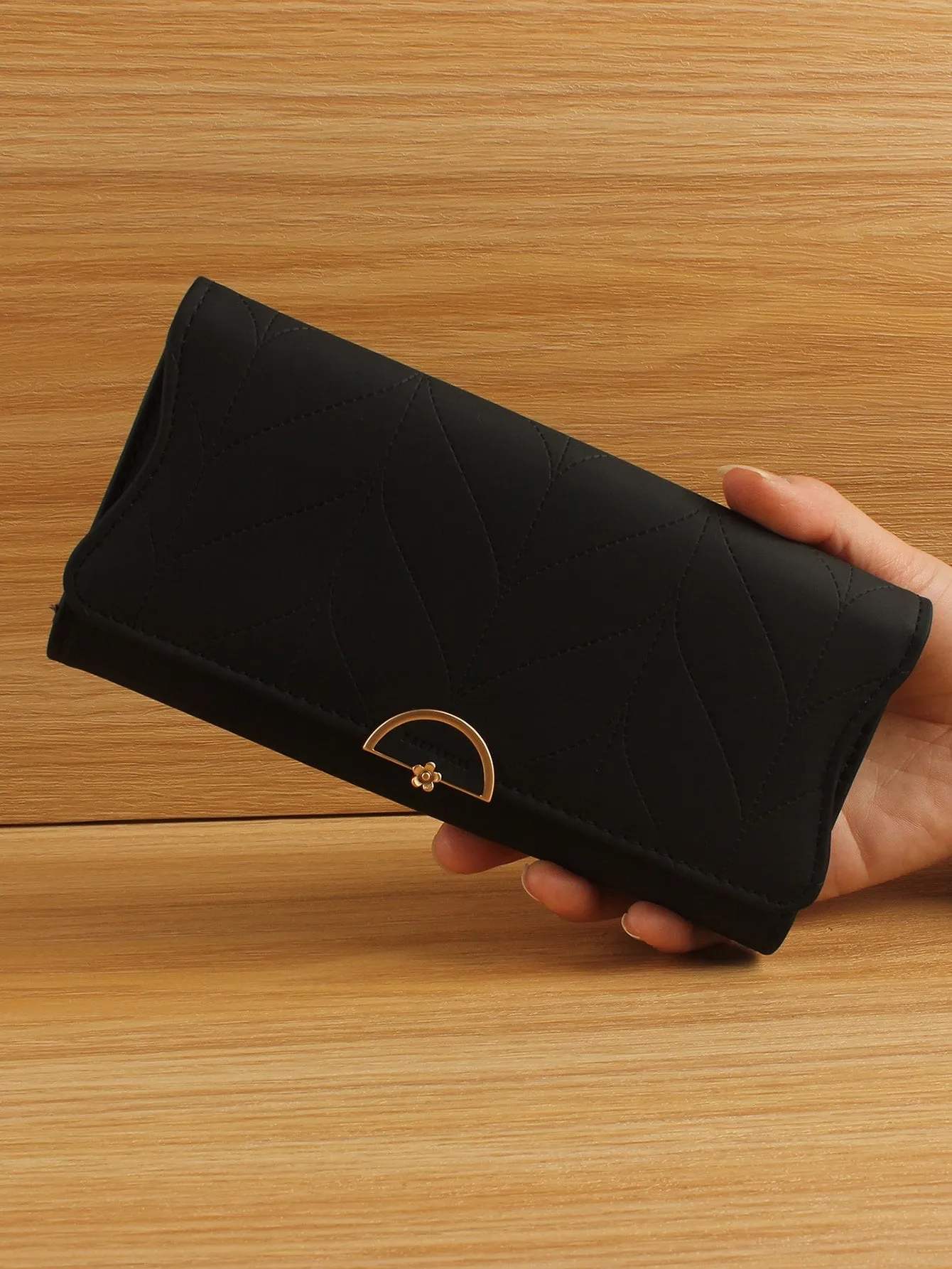 Stitch Detail Long Wallet Flower Decor PU For Daily Life - Black