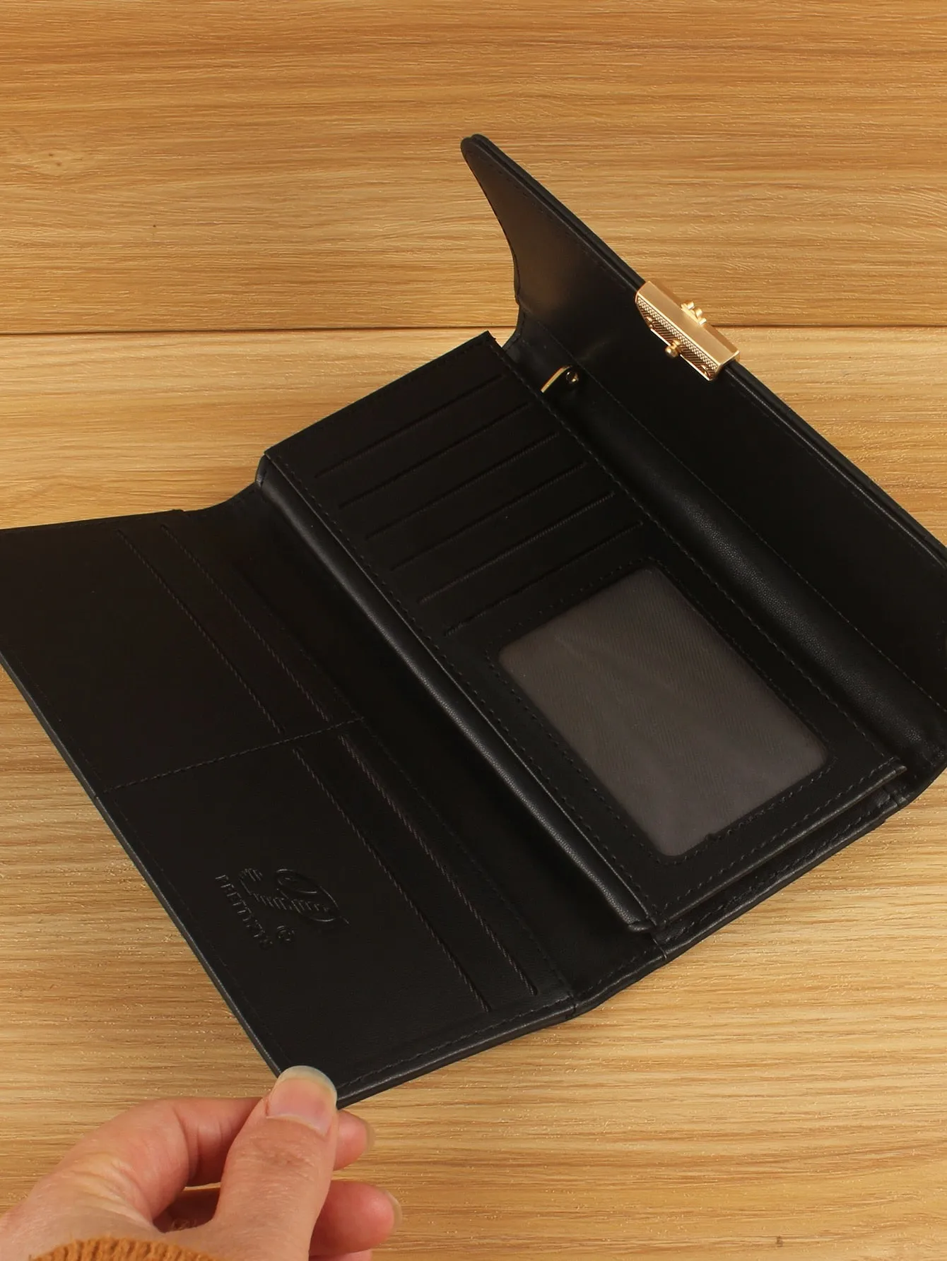 Stitch Detail Long Wallet Flower Decor PU For Daily Life - Black