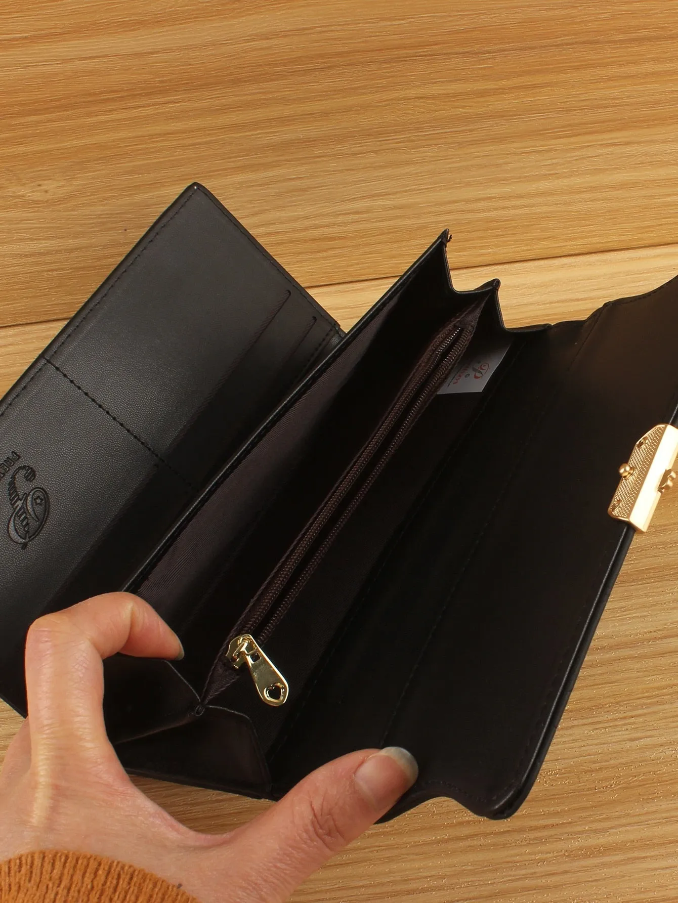 Stitch Detail Long Wallet Flower Decor PU For Daily Life - Black
