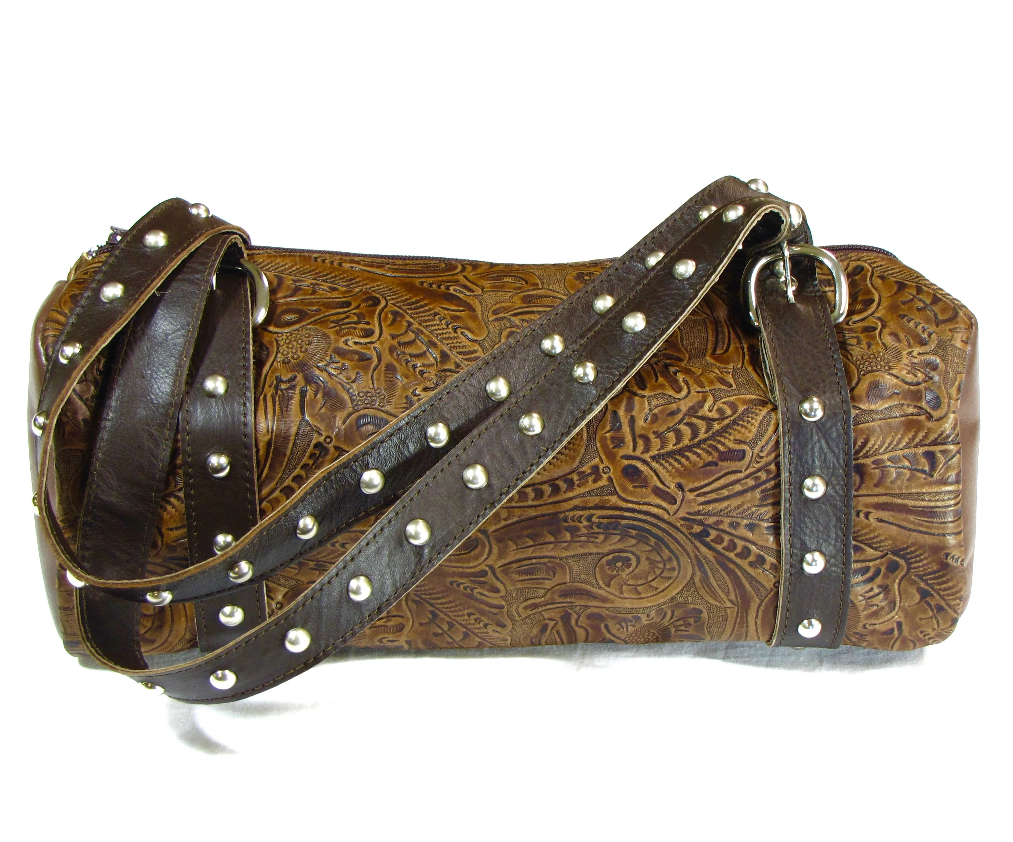 Studded Floral Print Shoulder Bag- Brown