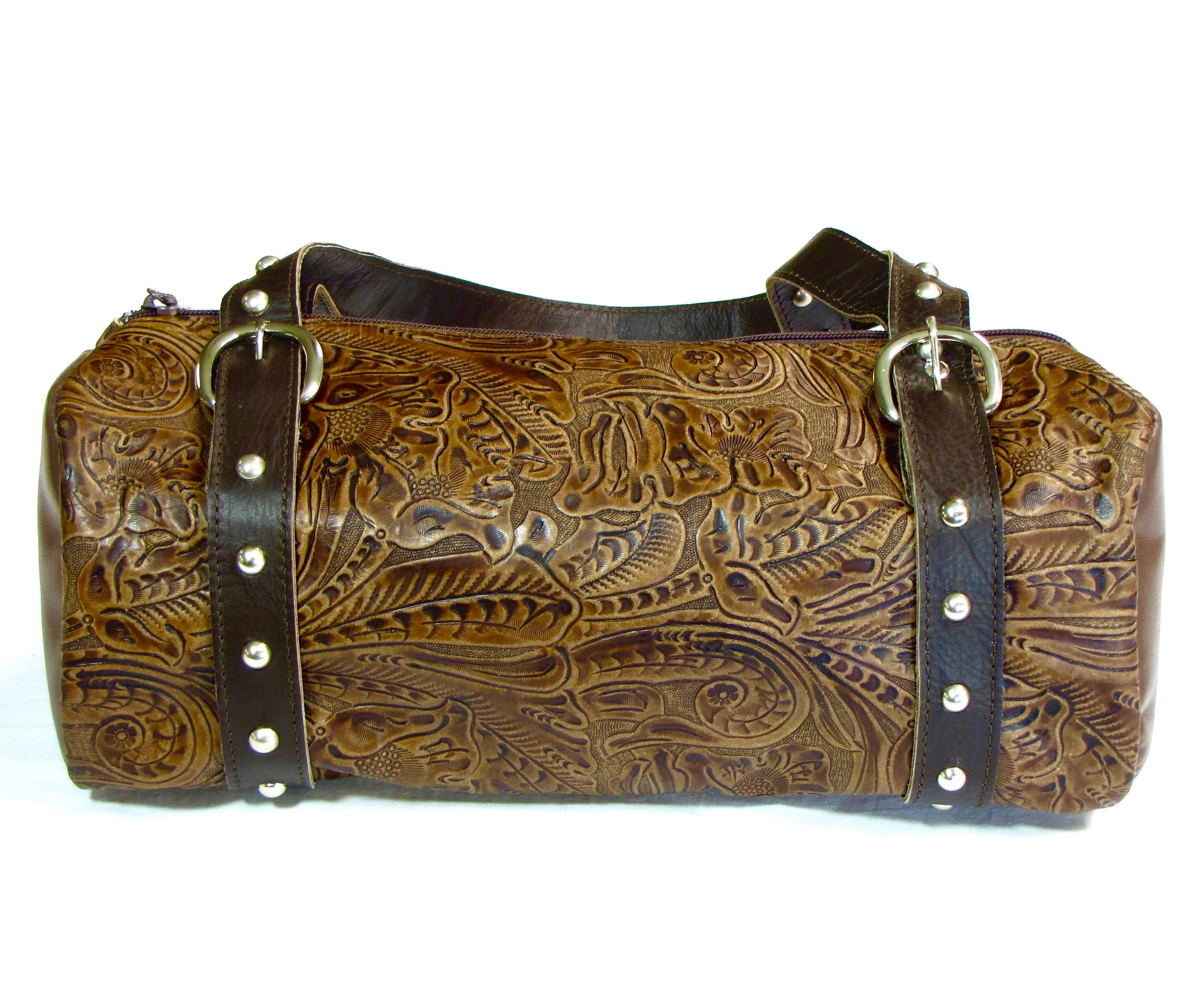 Studded Floral Print Shoulder Bag- Brown