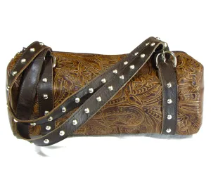 Studded Floral Print Shoulder Bag- Brown