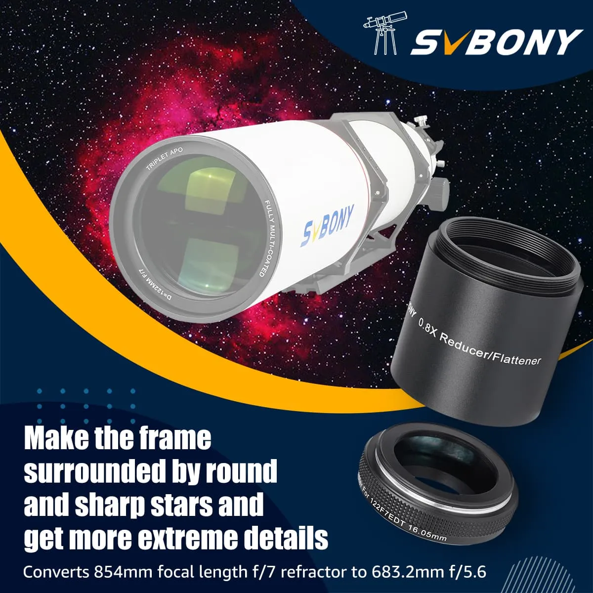SVBONY SV209 Focal Reducer/Field Flattener 0.8x for SV550 122F7 Triplet APO Refractor Black - W9161B