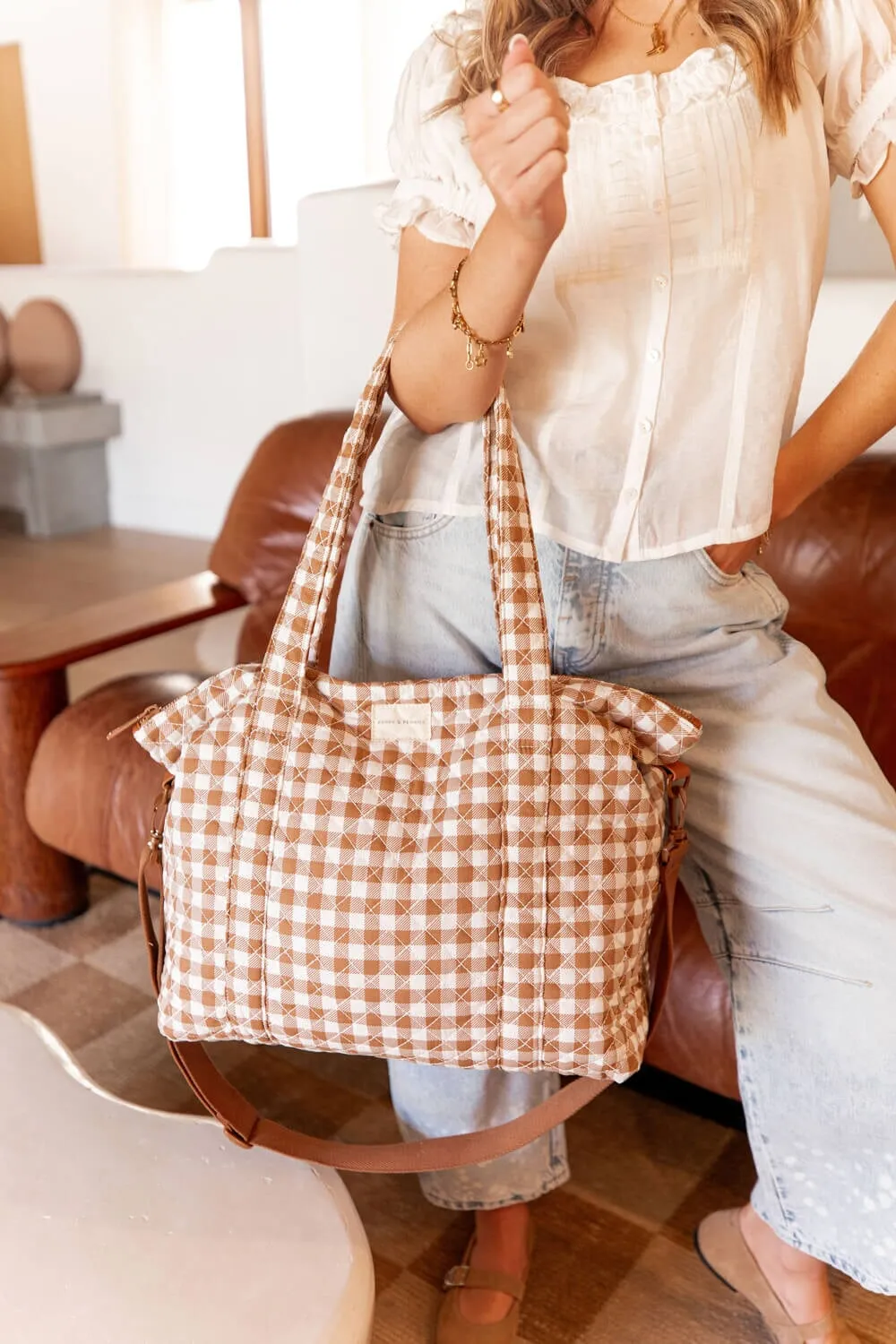 the QUILTED BON VOYAGE DUFFLE Brown Gingham