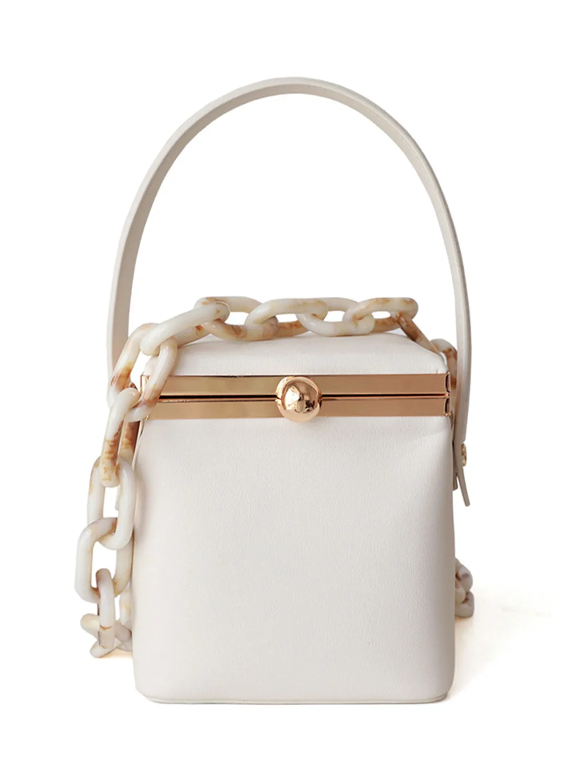 Top Handle Box Bag Chunky Chain Leather Open-top Clip Clutch Mini Bucket Bag