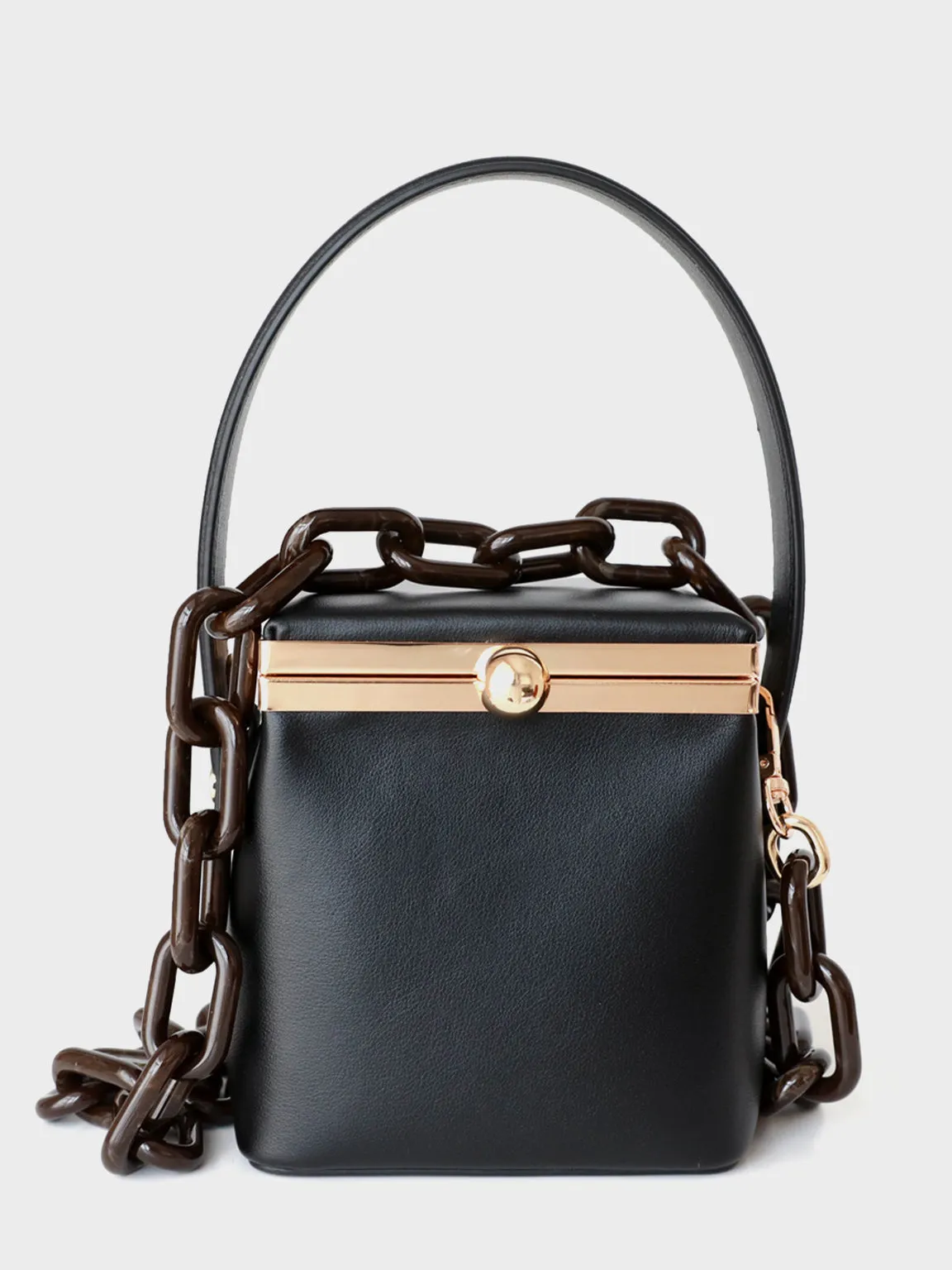 Top Handle Box Bag Chunky Chain Leather Open-top Clip Clutch Mini Bucket Bag