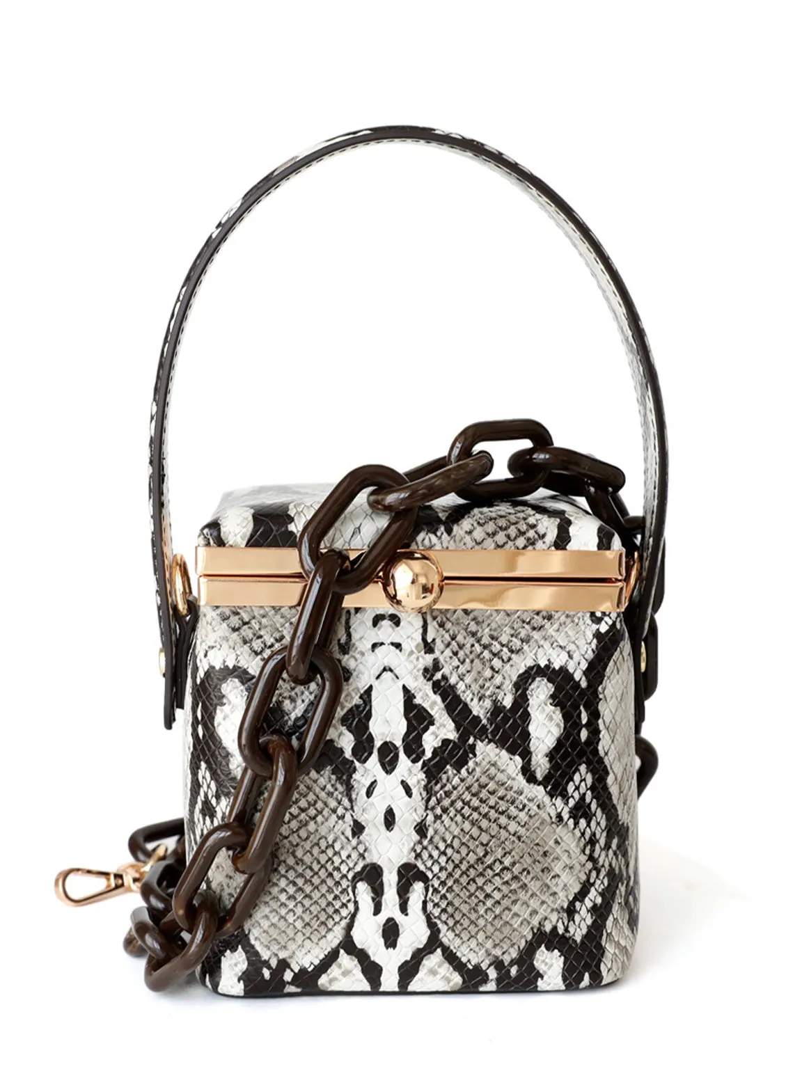 Top Handle Box Bag Chunky Chain Leather Open-top Clip Clutch Mini Bucket Bag