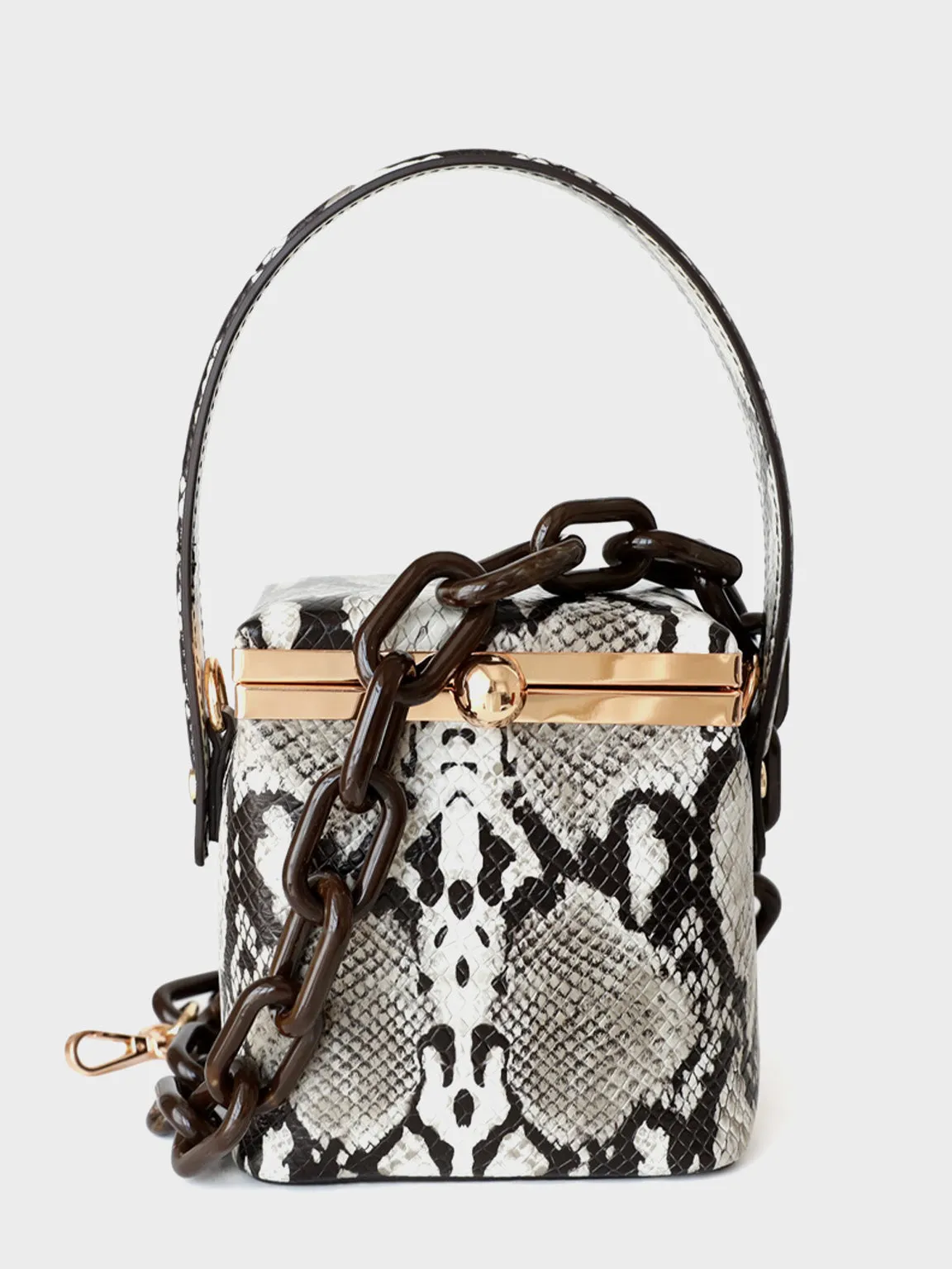 Top Handle Box Bag Chunky Chain Leather Open-top Clip Clutch Mini Bucket Bag