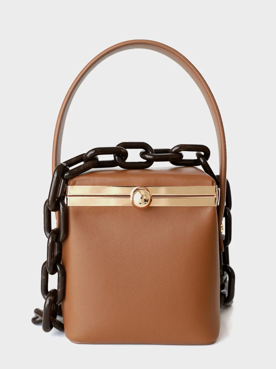 Top Handle Box Bag Chunky Chain Leather Open-top Clip Clutch Mini Bucket Bag