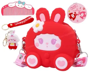 Toyshine Soft Touch Girls Mini Hanging Cute Children Side Bags with Strap, Keyring for 4~8 Years Baby Girl Boy Birthday Gift Present - Bunny Red