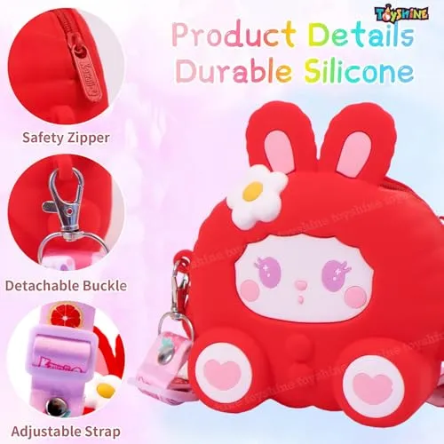 Toyshine Soft Touch Girls Mini Hanging Cute Children Side Bags with Strap, Keyring for 4~8 Years Baby Girl Boy Birthday Gift Present - Bunny Red