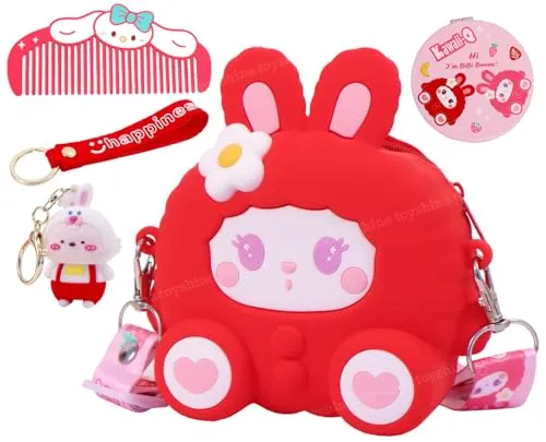 Toyshine Soft Touch Girls Mini Hanging Cute Children Side Bags with Strap, Keyring for 4~8 Years Baby Girl Boy Birthday Gift Present - Bunny Red