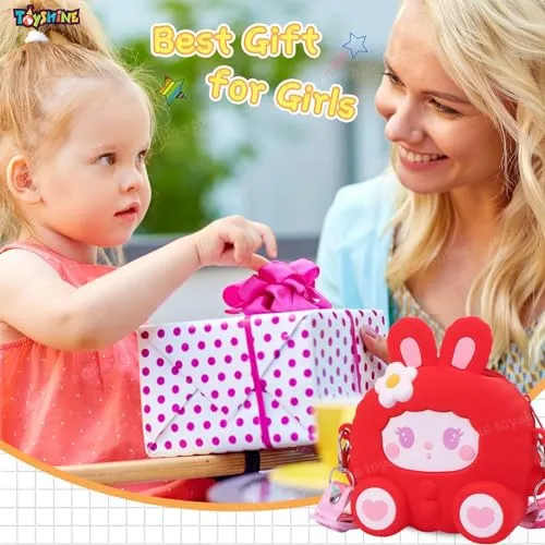 Toyshine Soft Touch Girls Mini Hanging Cute Children Side Bags with Strap, Keyring for 4~8 Years Baby Girl Boy Birthday Gift Present - Bunny Red