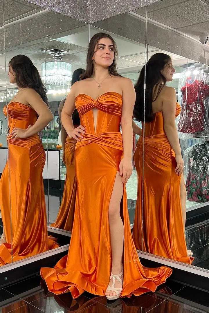 Unique Satin Off The Shoulder Long Prom Dress with Slit