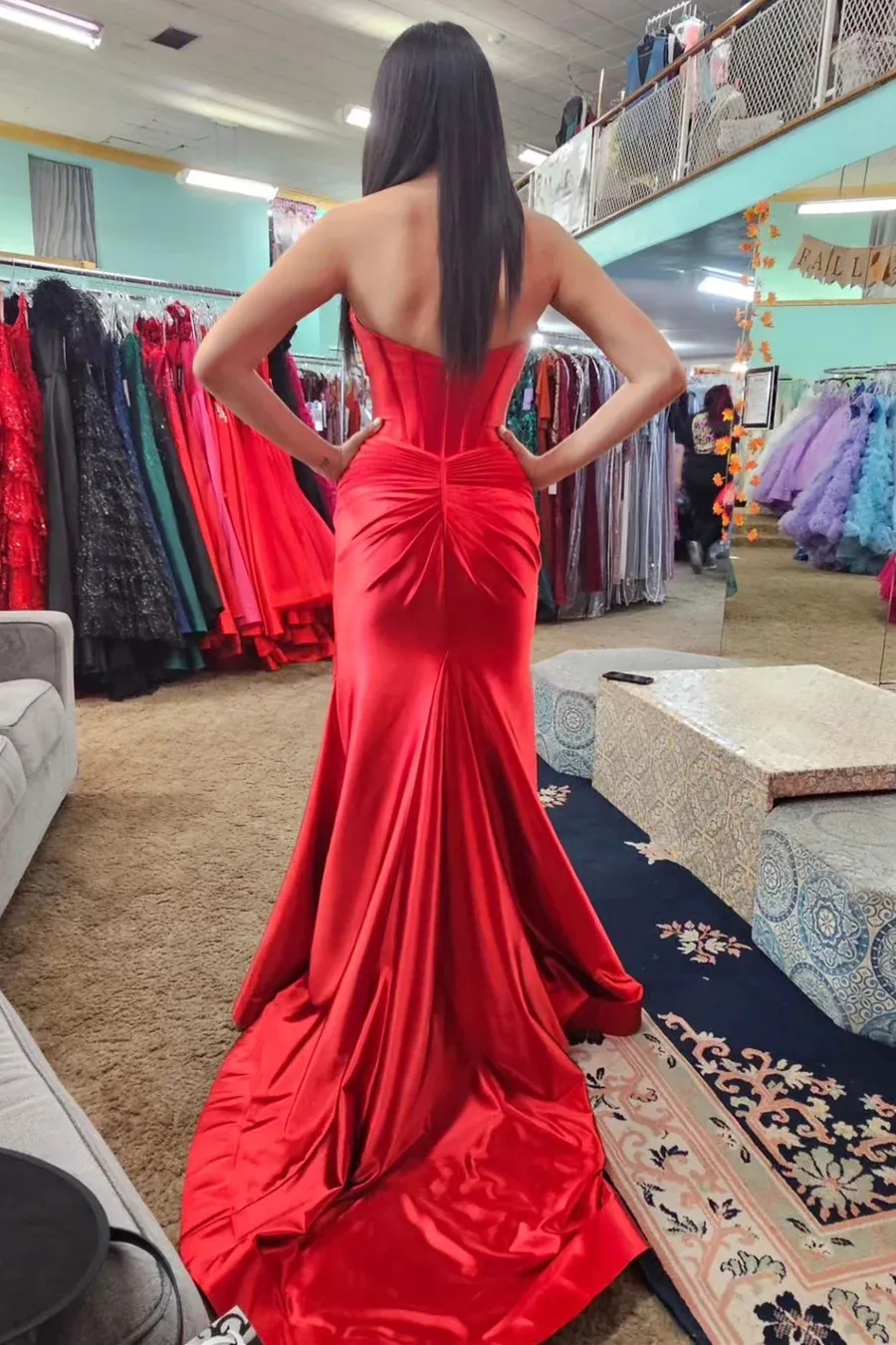 Unique Satin Off The Shoulder Long Prom Dress with Slit