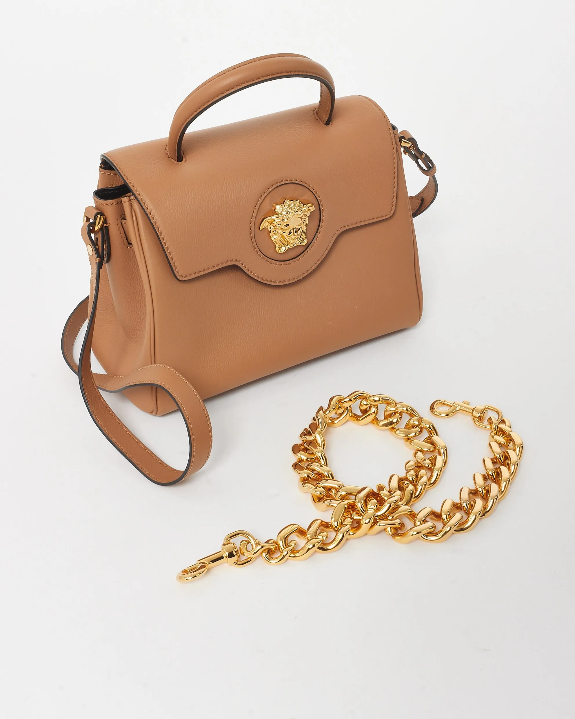 Versace Tan Leather La Medusa Medium Top Handle Bag