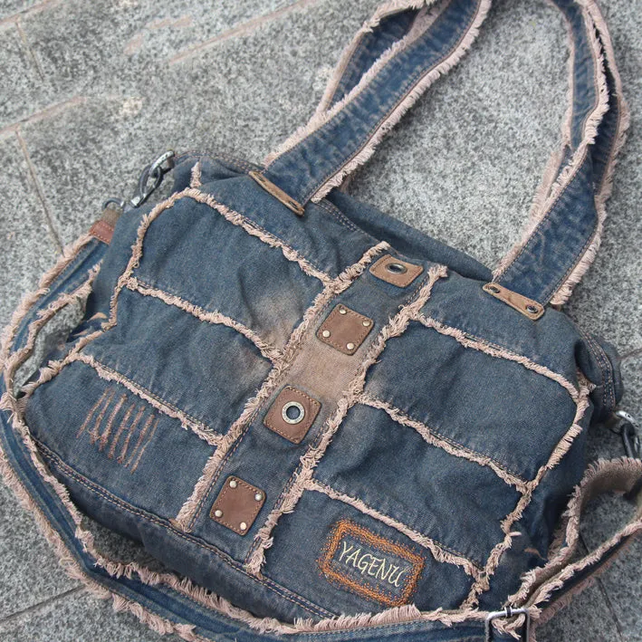 Vintage Blue Denim Womens HandBags Courier Bag Blue Denim Messenger Bags For Men