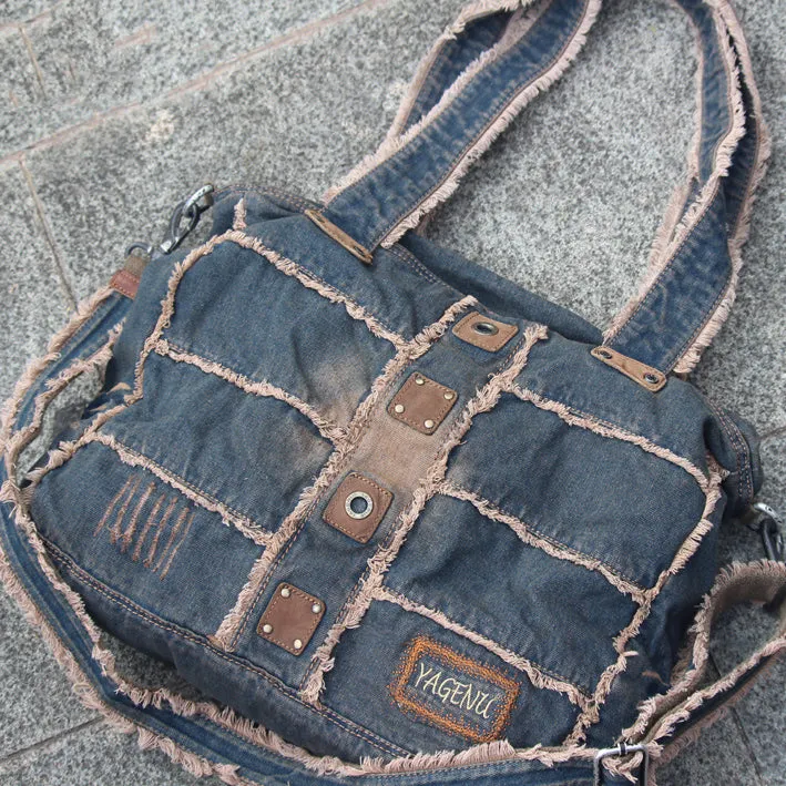 Vintage Blue Denim Womens HandBags Courier Bag Blue Denim Messenger Bags For Men