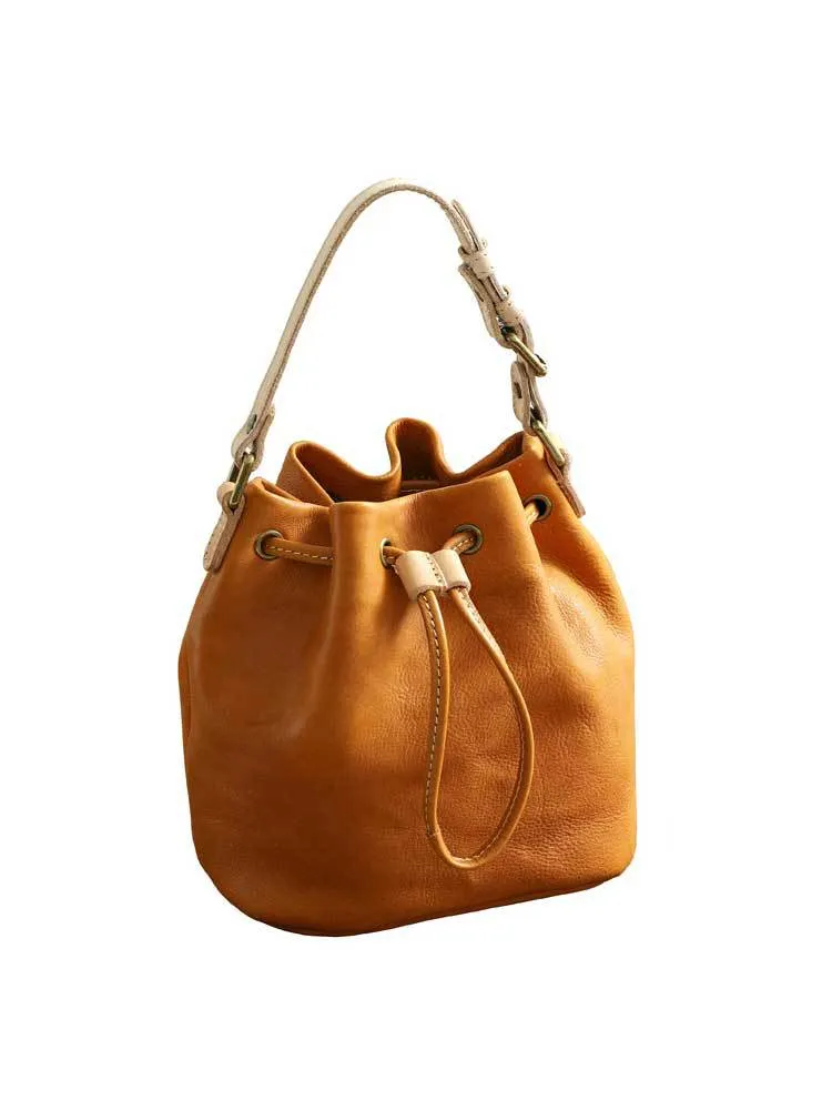 Women's Genuine Leather Vintage Handmade Vegetable Tanned Drawstring Crossbody Bags