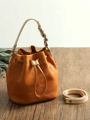 Women's Genuine Leather Vintage Handmade Vegetable Tanned Drawstring Crossbody Bags