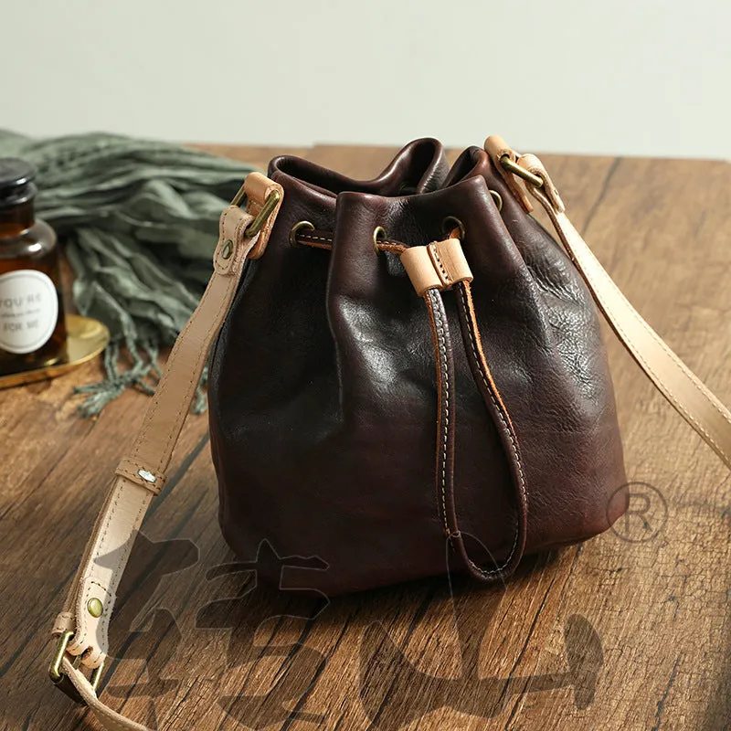 Women's Genuine Leather Vintage Handmade Vegetable Tanned Drawstring Crossbody Bags