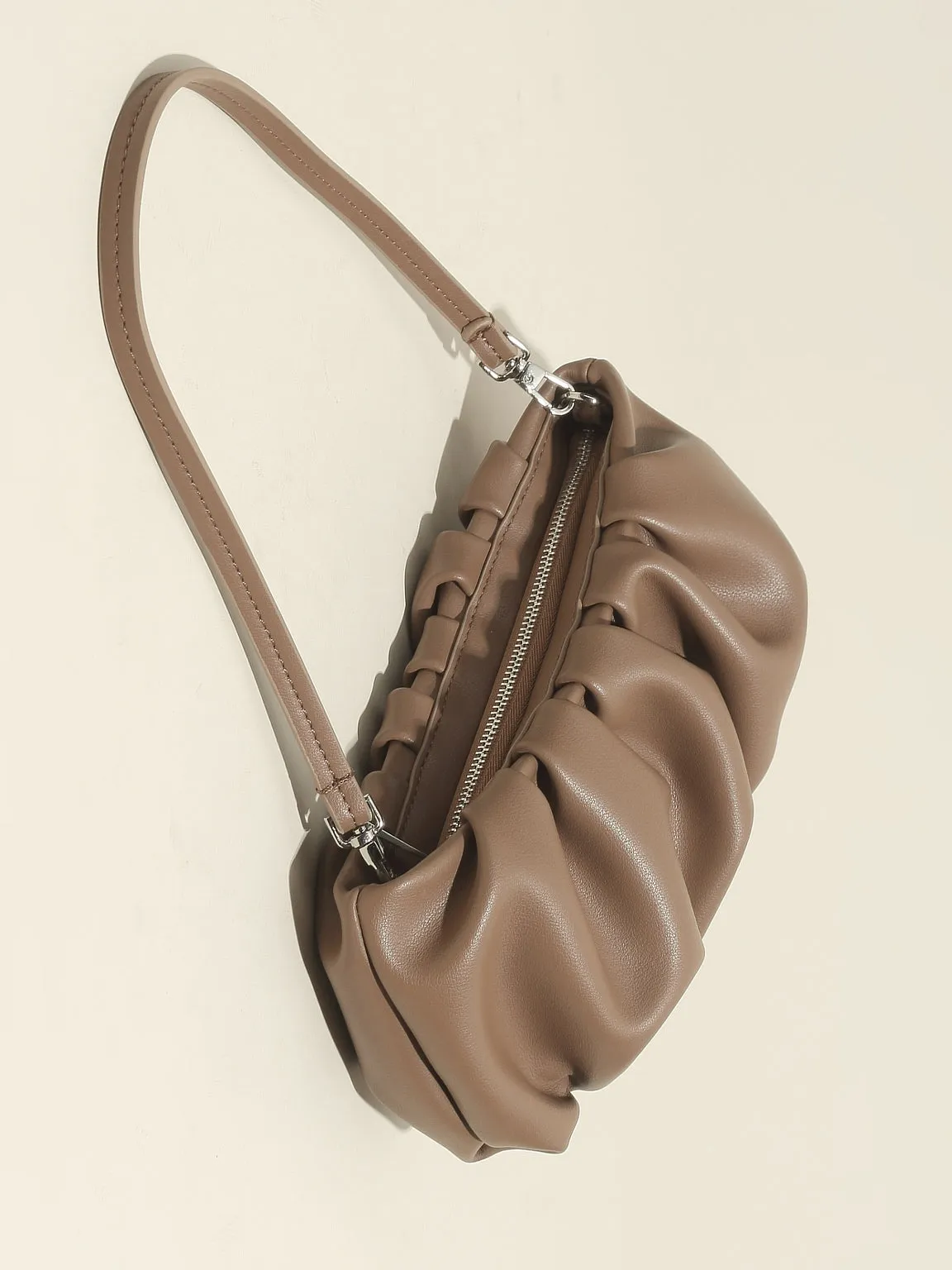 Women's Thin Strap Bean Shoulder Bag Cute Pouch Handbag Soft Nappa Leather Puffy Clutch Top Handle Ruched Bag