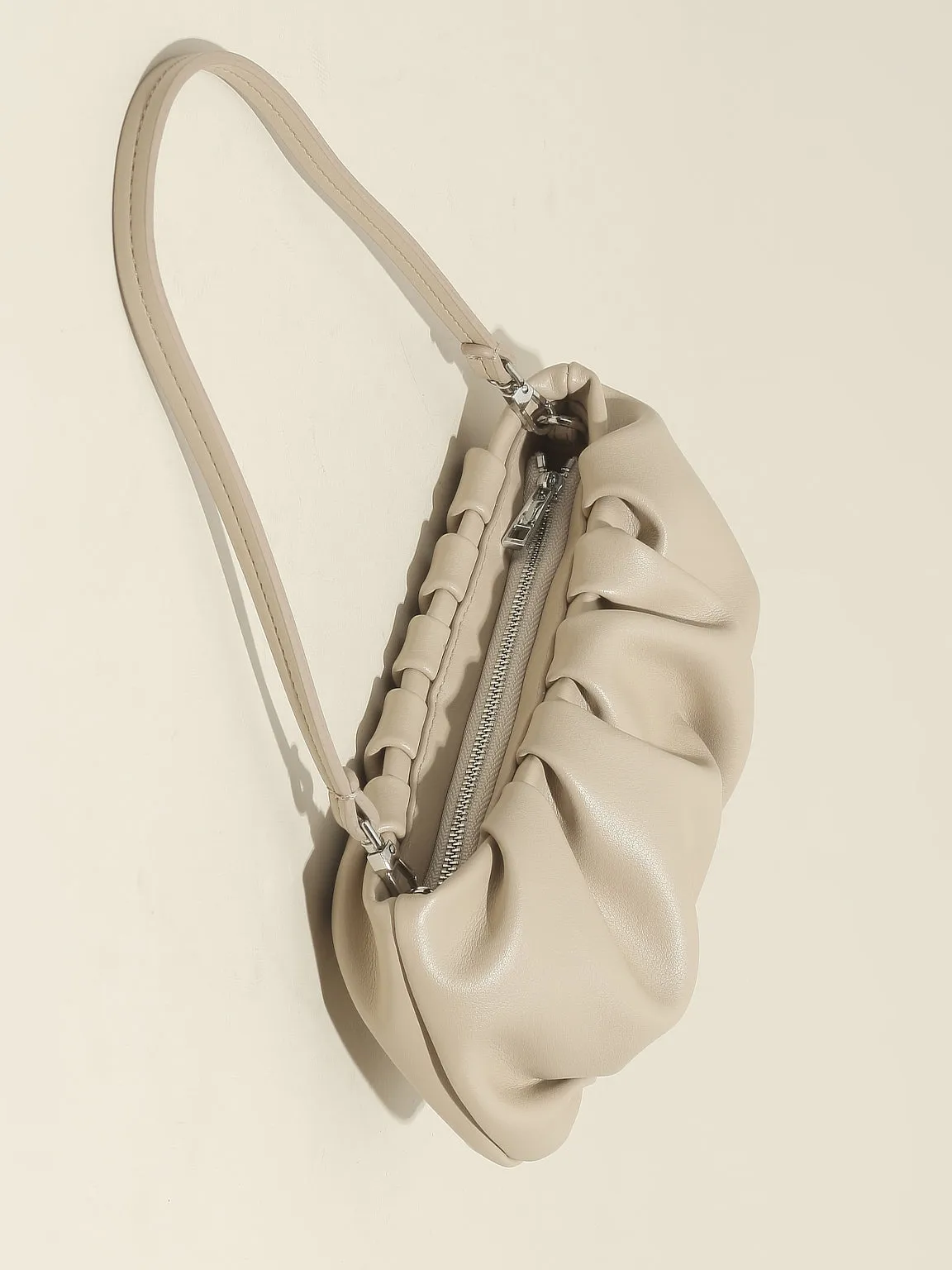 Women's Thin Strap Bean Shoulder Bag Cute Pouch Handbag Soft Nappa Leather Puffy Clutch Top Handle Ruched Bag