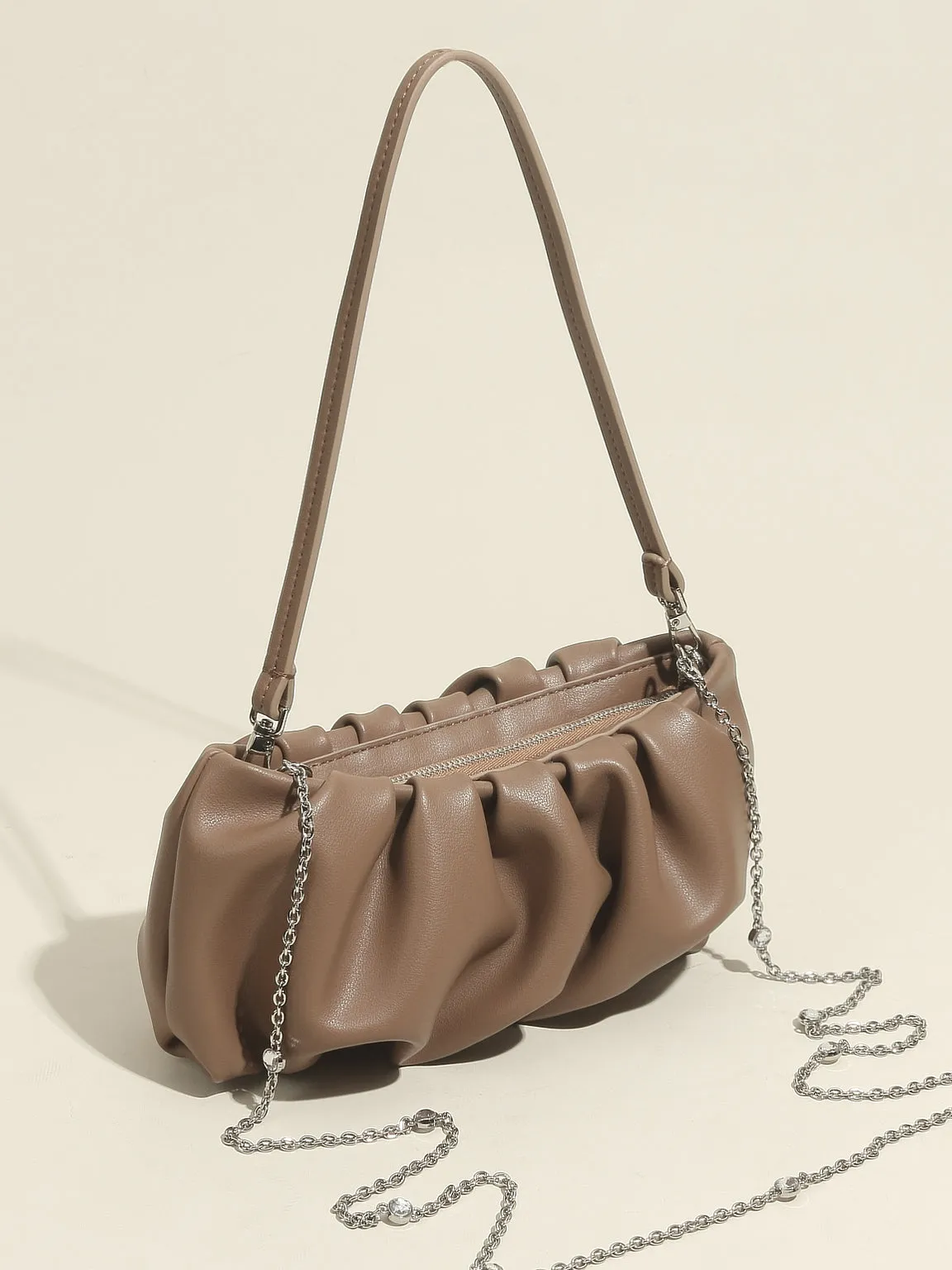 Women's Thin Strap Bean Shoulder Bag Cute Pouch Handbag Soft Nappa Leather Puffy Clutch Top Handle Ruched Bag