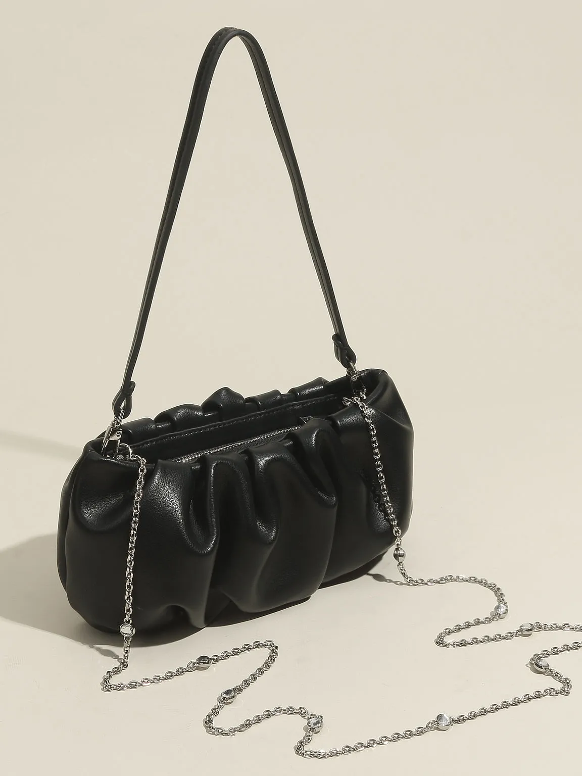 Women's Thin Strap Bean Shoulder Bag Cute Pouch Handbag Soft Nappa Leather Puffy Clutch Top Handle Ruched Bag
