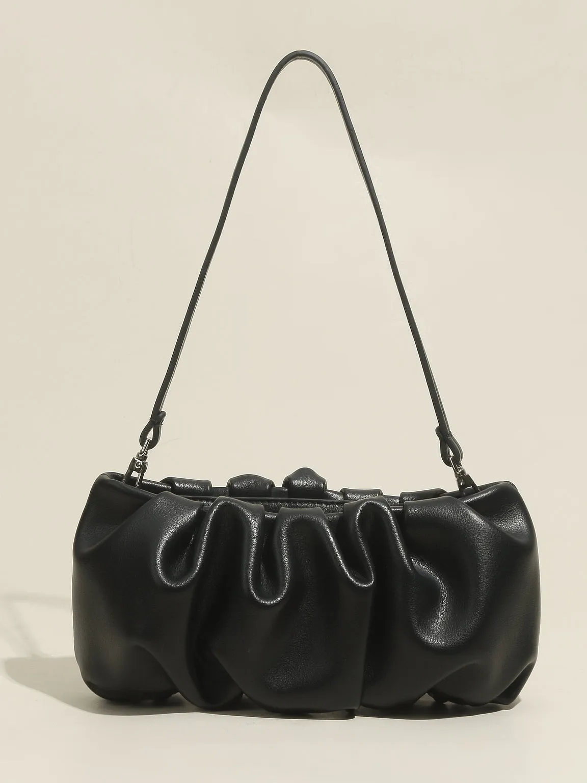 Women's Thin Strap Bean Shoulder Bag Cute Pouch Handbag Soft Nappa Leather Puffy Clutch Top Handle Ruched Bag